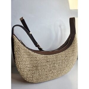 Michael Kors Avra Natural Sling Crossbody Purse Handbag Woven Straw Brown Leathe